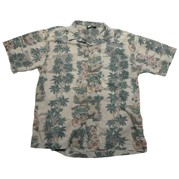 Metro One Other - Metro One Hawaiian Shirt Mens XL Beige Palm Tree Cotton Aloha Beach Casual Print